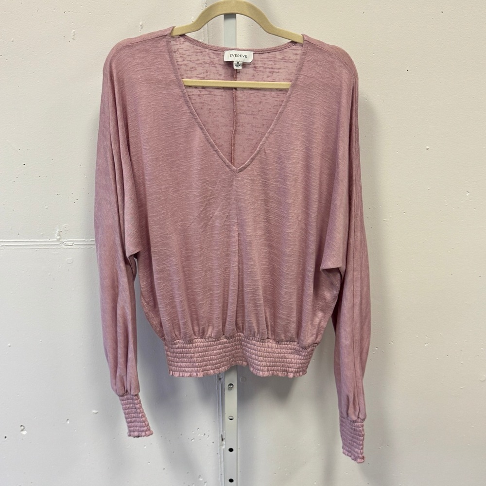 Evereve Lilac Smocked Hem V-Neck Long Sleeve Knit Top Lilac Purple Medium